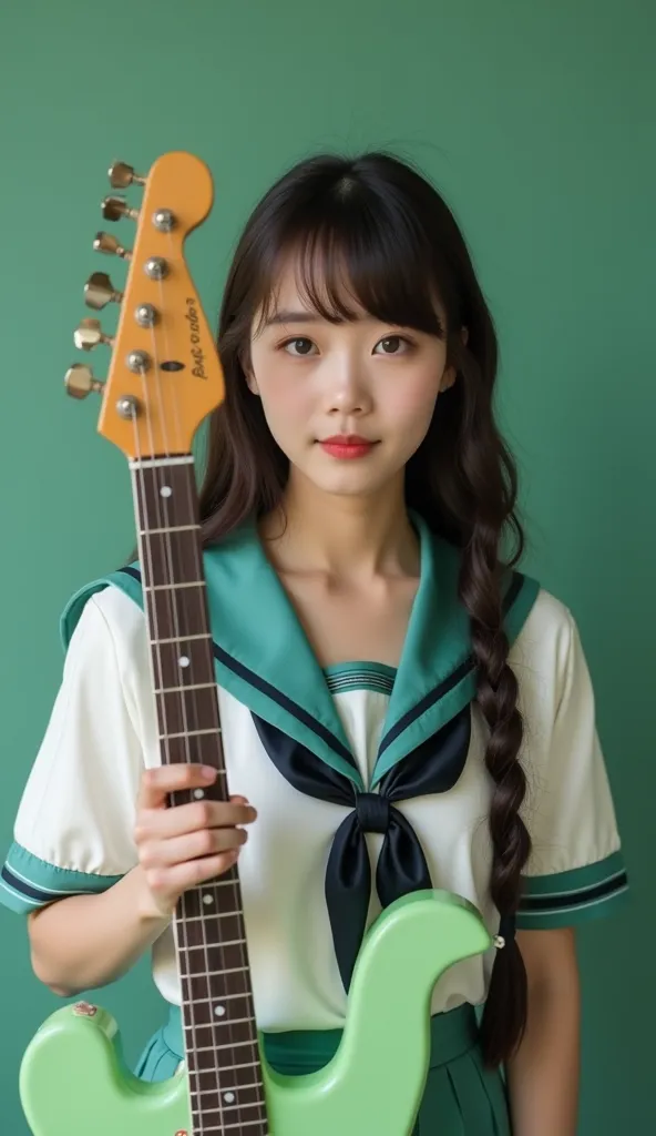 (( photos))　 real (( Facing Front))　Staring straight at the cameraman　Real Portrait Portrait, solo, 1 girl,  photos　 real なカセットテープ　3D stereoscopic background
Holding a green electric guitar　 Facing Front　sailor suit　upper body　証明 photos　宣材 photos　Make your...