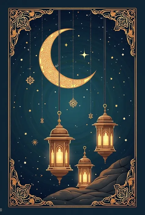 Design a Ramadan greeting card featuring the company name 'INFINITE ARC' and my name 'ENG Peter Wagdy'. The design should have Islamic elements like a crescent moon and lanterns, with a stylish and professional aesthetic."