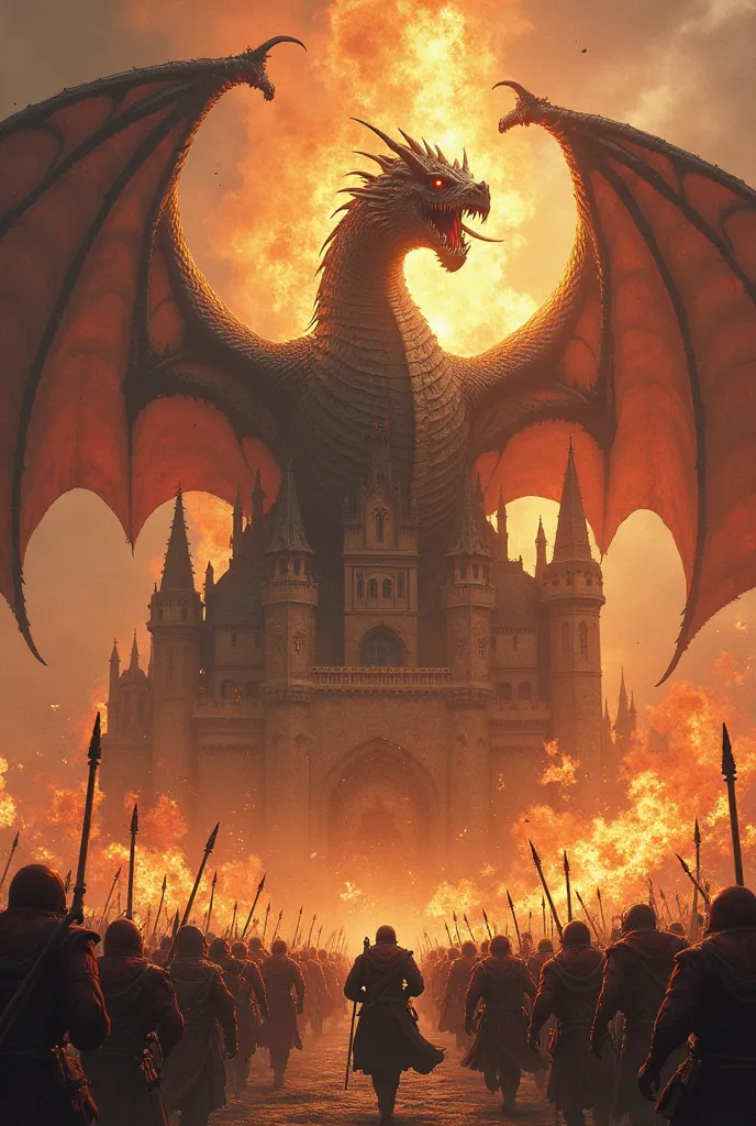 Create a book cover for me that has a five-headed dragon breathing fire in the background on a tall castle in the middle of people and armies fleeing.