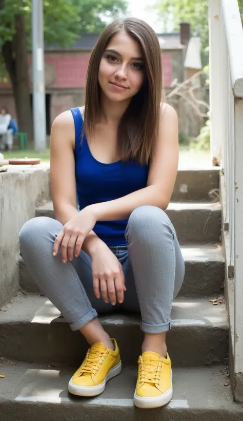 woman sitting on a staircase. Does a blue top on. Und gelbe Turnschuhe Stil Fotorealistisch,  sharp focus, very detailed, sunlight, Detail , Fotoreal,  full body