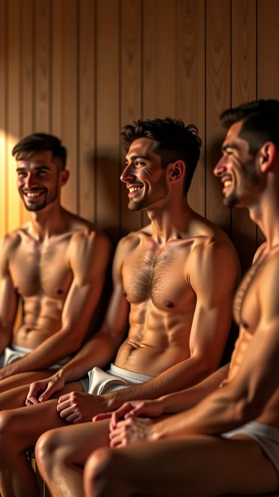 trois jeunes hommes souriants torse nu en jockstrap dans un sauna, hyper-réaliste, introspectif, lumière naturelle, détails ultra-fins, 8K, HDR, physitrois jeunes hommes souriants torse nu en jockstrap dans un sauna, hyper-realistic, introspective, natural...