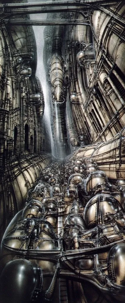 Please reproduce the original image as accurately as possible, capturing the intricate details of the biomechanical structures, the dramatic lighting, and the overall sense of unease. Find and enhance depiction of Giger's demons and creatures.(best quality...