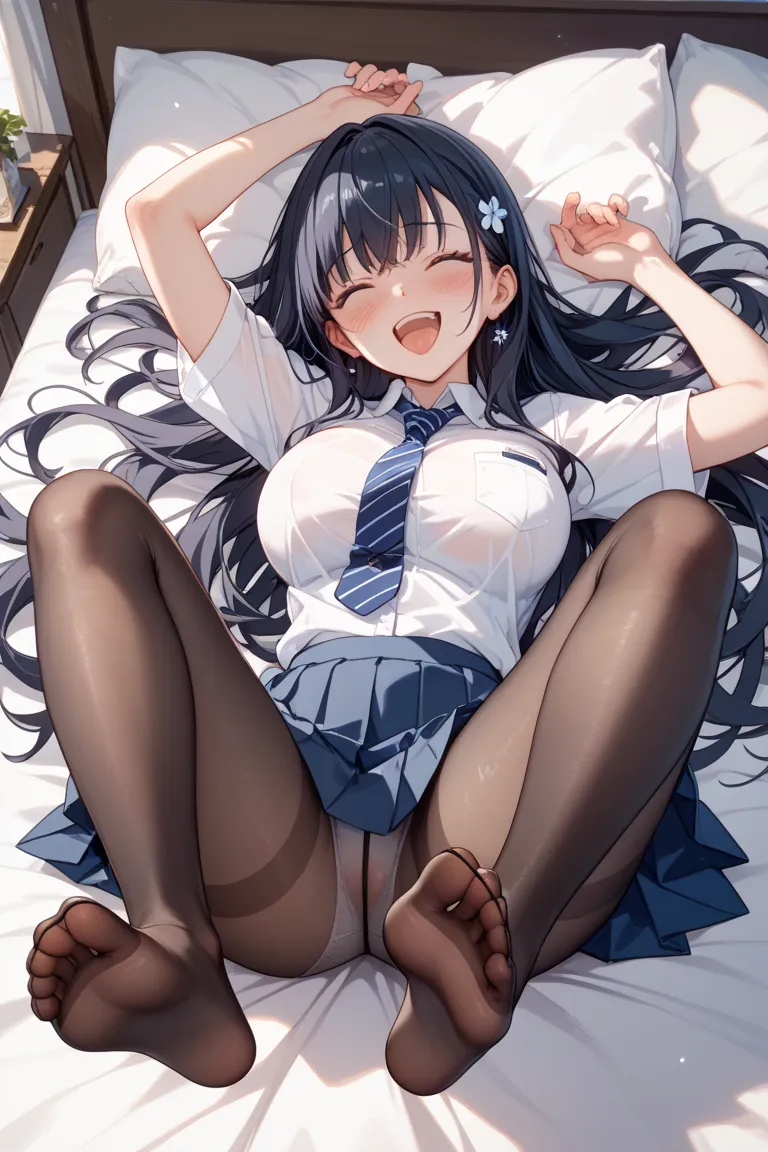 Highest quality、 Natural Posture 、 that improves white space 、semi-long hair、 black hair、big breasts、Black Tights Tickling Soles、I'm being tickled and laughing、Tights legs、slightly transparent white shirt、Navy Blue Pleated Skirt、miniskirt、A little blush、 n...