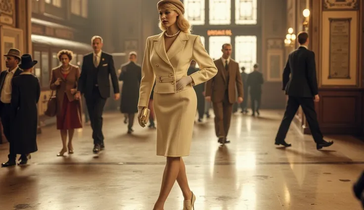 A stunning blonde woman walking elegantly through a vintage 1930s Parisian train station. She wears a classic cream-colored Chanel suit—a tailored jacket with pearlized buttons and delicate stitching, paired with a sophisticated knee-length pencil skirt. H...