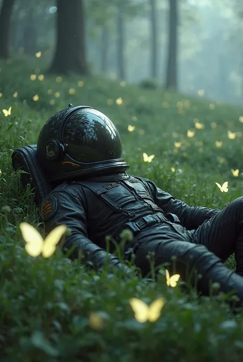 An astronaut with black face glass laying on grass and glowing butterfly flying around him 