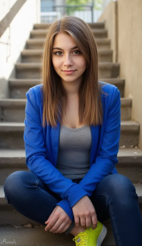 woman sitting on a staircase. Does a blue top on. Und gelbe Turnschuhe Stil Fotorealistisch,  sharp focus, very detailed, sunlight, Detail , Fotoreal,  full body