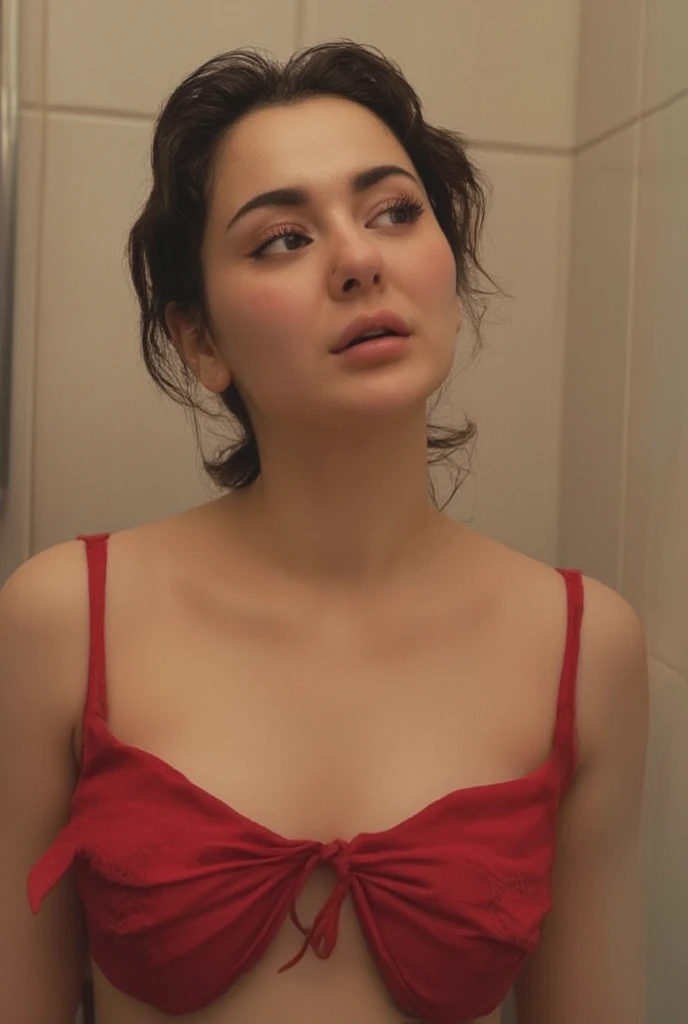 Hania aamir pakistani actress, standing in the shower, she is weaing nothing, her breasts are natural and big. Her breasts are wet from the water. Her breasts are naked and her nipples look like realistic and natural