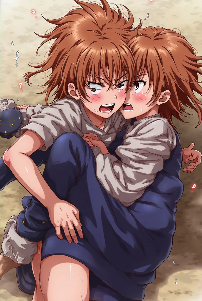  Misaka Mikoto wrestling against her doppelganger, rolling on the ground, engaged in combat, angry,  tired, sweating heavily, rolled-up sleeves. .