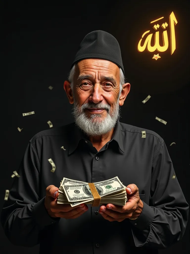 8k. 4k. A father with a wise and gentle expression, wearing a simple black cap (peci). He holds a large amount of money in his hands with a calm and dignified posture. The background is dark, with money scattered around, accompanied by soft, dramatic light...