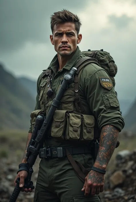 short hair, amber eyes, brown hair, tall baby face, male soldier, 26 years old, realistic, cinematic lighting, dramatic pose, highly detailed, intricate facial features, muscular build, military uniform, rugged terrain, overcast sky, stormy weather, rays o...