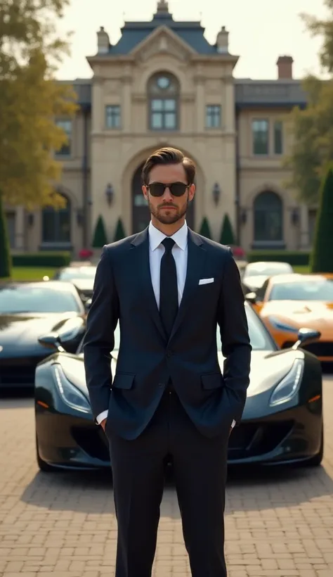 Create some photos of a man, dressed in a suit next to sports cars and a mansion in the background!