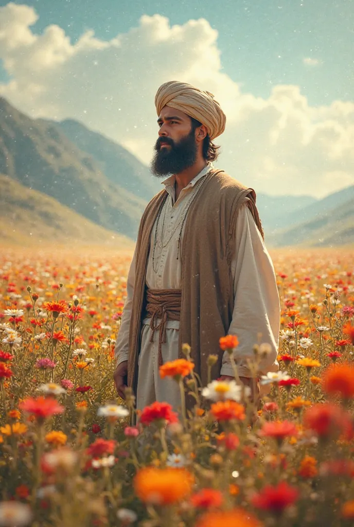 A man in turban standing in front of a field of flowers holy style 