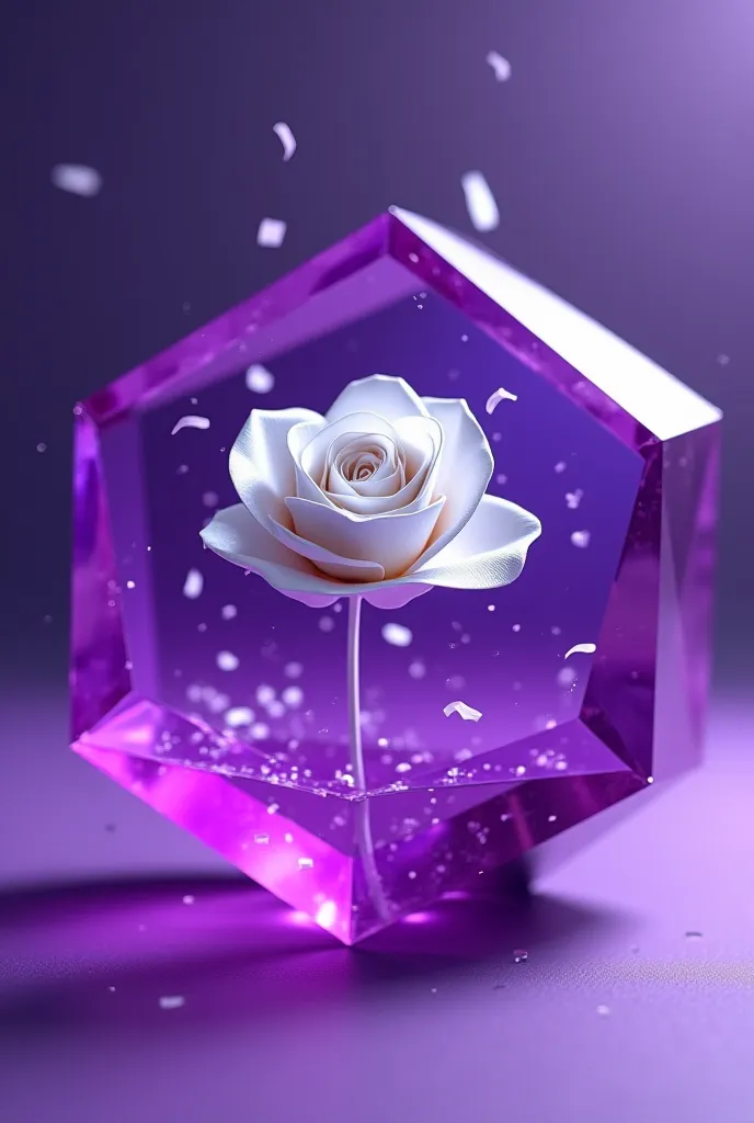 A paper origami rose of colour white sealed inside a crystal of a intense colour of purple, shaped in a hexagon and with little pieces of paper flying around it