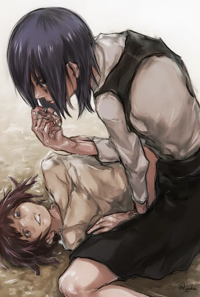  Touka Kirishma wrestling against her doppelganger, rolling on the ground, engaged in combat, angry,  tired, sweating heavily, wearing rolled-up sleeves waitress uniform.