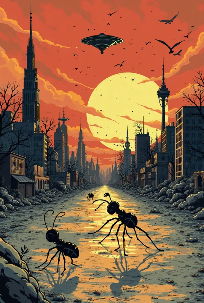 make a comic book style album cover. de naam van het album heet Killed By Ants, the abbreviation is KBA. It should look like this: you see a big deserted city from the ground. A giant ant walks sideways across the city and all small ants walk around the ci...