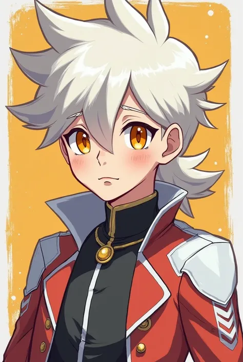 Create the Pokemon-style image for an Icon of an 18-year-old boy, white in color, con pelo white in color peinada para abajo y que tenga ojos naranjas y que lleve puesto un atuendo de líder de una guardia de elite

hazlo parecer un poco más serio y maduro