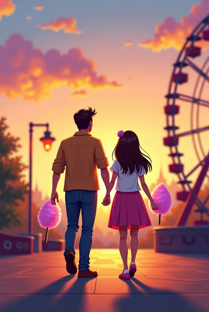 Full-length father and daughter cartoon cartoon hugging each other walking with cotton candy in their hands at the amusement park with the Ferris wheel in the background all illuminated at sunset in cartoon style 