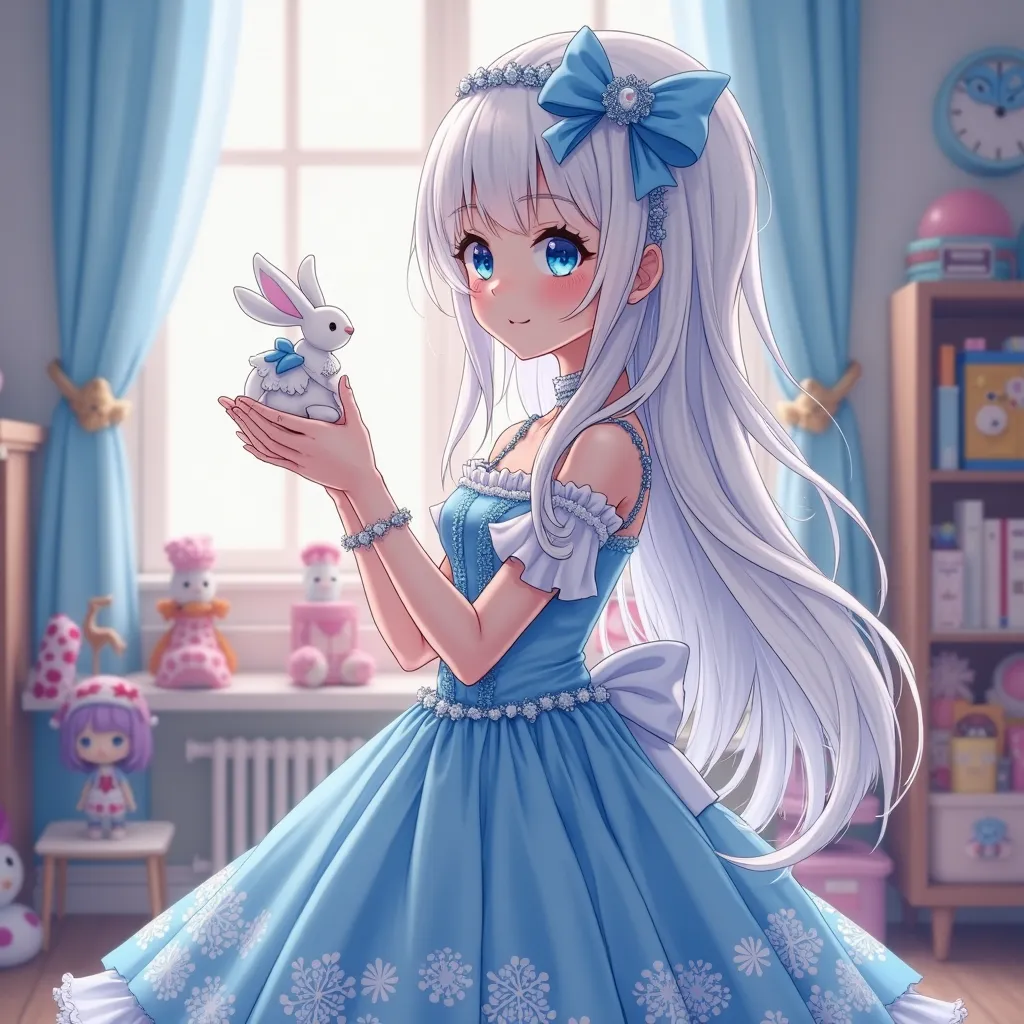 anime girl with white hair and blue eyes in a beautiful dress in a toy room looking  in a cute blue dress, a headband with a bow of the same blue light on the dress, and beautiful patterns she is holding a toy in her hands with a white rabbit