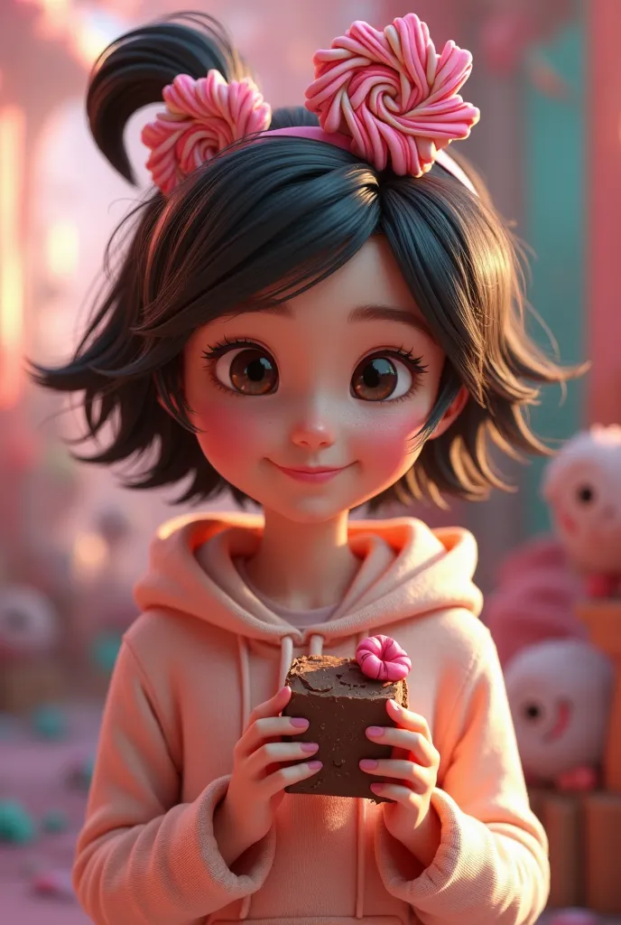 A short-haired girl with the image of Disney's Vanellope wears a hoodie holding chocolate in her hand and puts a candy decoration on her head