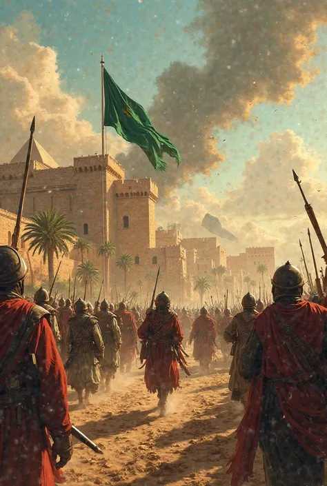 Amr ibn Al-Aas and Muslim soldiers entered Egypt, stormed the Roman fort of Babylon, the fall of the Roman flag, the escape of their soldiers, and the rise of the green flag of Muslims 