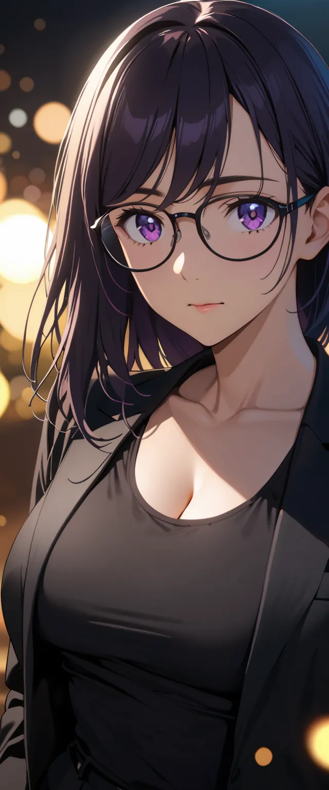 Hizuru Minakata, black hair, purple eyes, perfect facial symmetry, breasts, wearing a black jacket, black tank top, black trousers, suit, glasses, black rim glasses, high quality, high resolution, masterpiece, very detailed, intricate details, cinematic li...