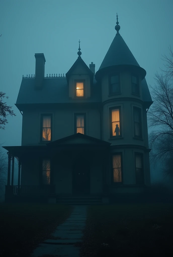 A haunted Victorian house at night, surrounded by thick fog. The house has eerie glowing windows, one attic window brighter. A shadowy figure appears in the attic window. Dark horror theme, gothic architecture, ominous atmosphere, cinematic composition, UH...