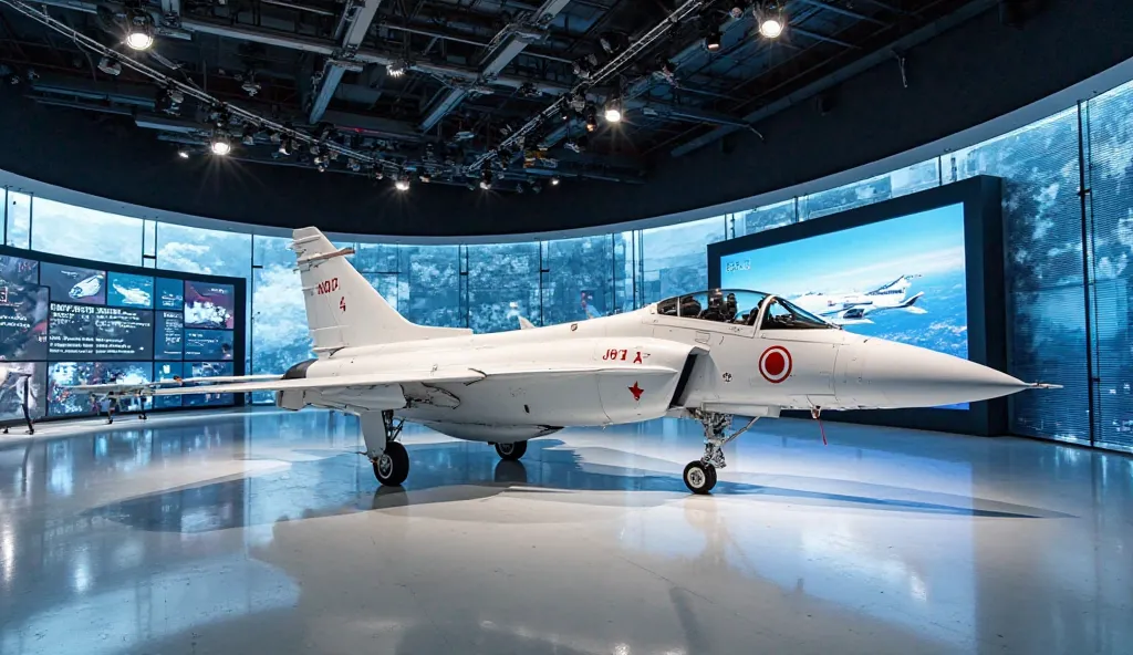 "A breathtaking right-side view of a white JF-17 Thunder fighter jet displayed in an ultra-modern showroom. The aircraft stands on a polished, reflective floor, illuminated by sleek LED spotlights that highlight its aerodynamic design. The showroom has a f...