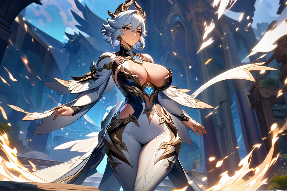 Alatreon but human form, anime-style shonen, Ultra HD, Masterpiece, Masterpiece, HD (Genshin Impact Style)1girl, High Resolution, dragon aura, 1girl, Solo, Breasts, adult mature body , 