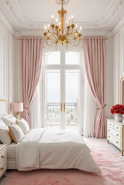 Create a huge room, luxurious old Paris vibe,  with white walls , golden chandelier,  Bed with white sheets , the bed cushions are white with gold details, light pink fur carpet, behind a luxurious balcony with glass windows and doors light pink curtains. ...