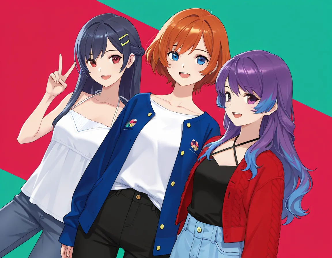 3 girls, anime characters, outfit designs, diverse outfits, (upper body character design), outfit design, fashion concept art, knit, shirt, shorts, skirt, blouse, halter neck, jacket, camisole, long pants, different haircolor, hand gesture, open mouth, smi...