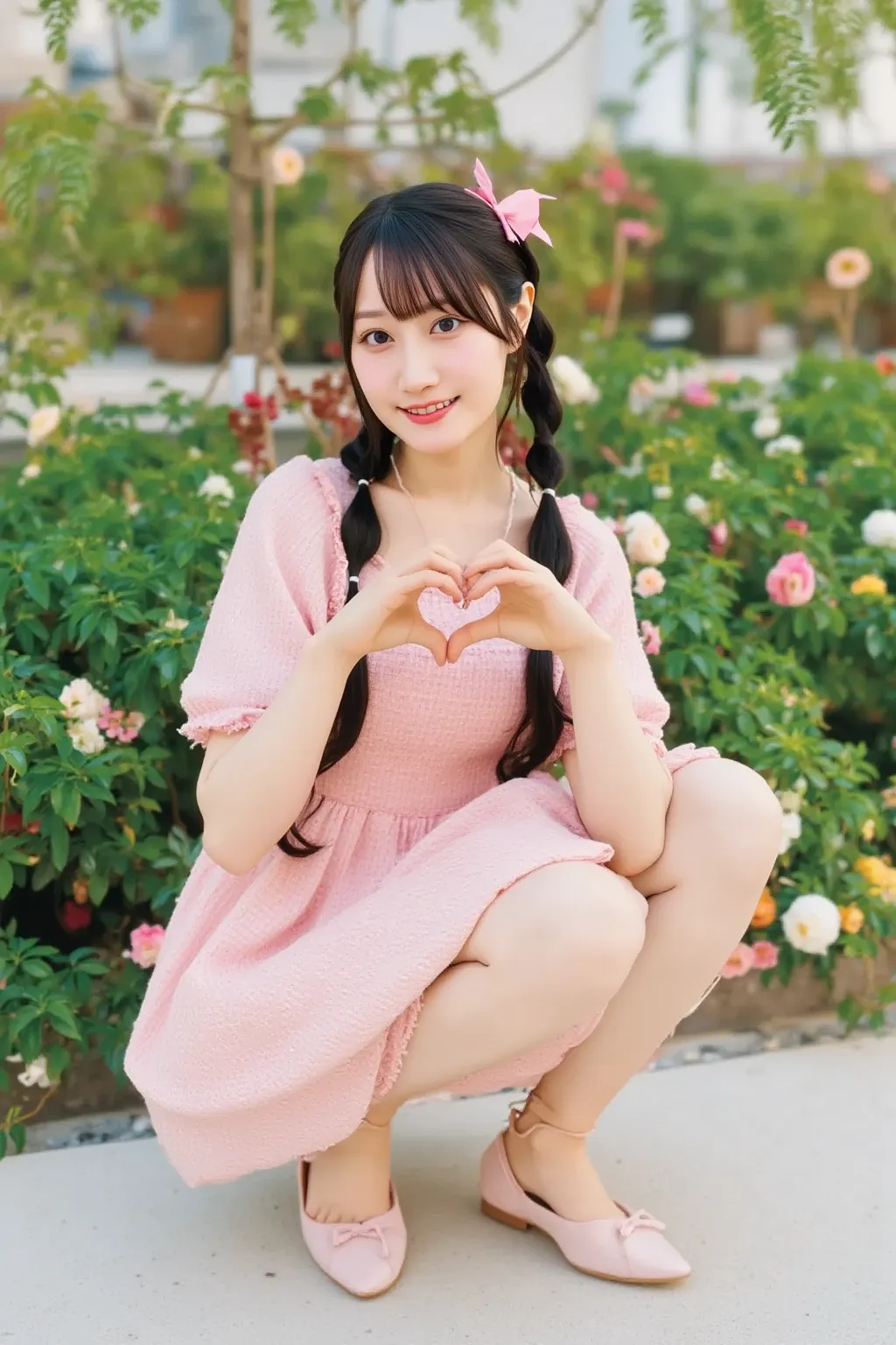 (photorealistic), (horizontal angle), (long shot), (R50mm f2.0), (she is squatting, laughing and making a heart shape with her hands), (cute and girly style), Japanese woman wearing a pink dress with lace and frills. She is blushing lightly and looking shy...