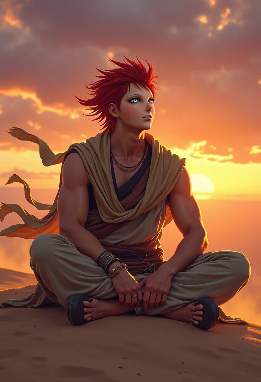 A young man with red spiky hair and a tattoo on his forehead sits cross-legged atop a sandy hill, gazing into the distance with a deeply reflective expression. His eyes convey a mix of wisdom, sorrow, and determination. He wears a desert-inspired outfit wi...