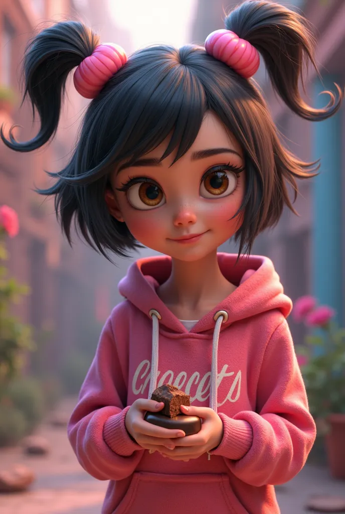 A short-haired girl with the image of Disney's Vanellope wears a hoodie holding chocolate in her hand and puts a candy decoration on her head to make it a mini character