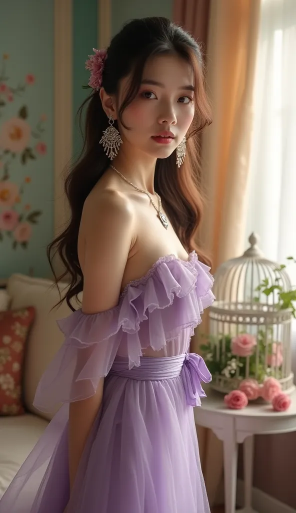 Create a photo of a beautiful slim, symmetrical girl sitting on a fluffy white carpet. She wears a light, light purple sexy see-through dress. The airy and delicate fabric reveals her smooth, smooth skin. The soft sunlight shines through the window, creati...