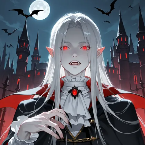 solo, long hair, looking at viewer, white hair, long sleeves,bishounen,skinny,lips,portrait, 1boy, red eyes, upper body,parted bangs, male focus, pointy ears, fangs, glowing eyes, sharp fingernails, black cape, vampire clothes,ascot,bat,pale skin,outdoors,...