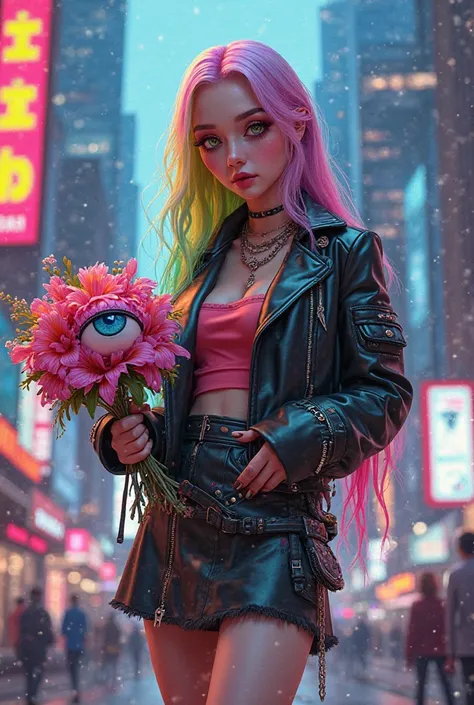 rainbow hair, long hair, pop leather jacket and leather skirt, cityscape background, animated illustration, holding an odd eye bouquet