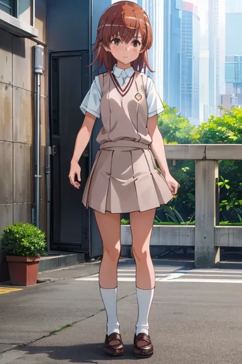 Mikoto misaka.、A Certain Scientific Railgun、girl、Small breasts、whole body,blush,Short sleeve blouse、Beige knit vest、Darkgrey plain pleated skirt、White loose socks, shoes,best quality,