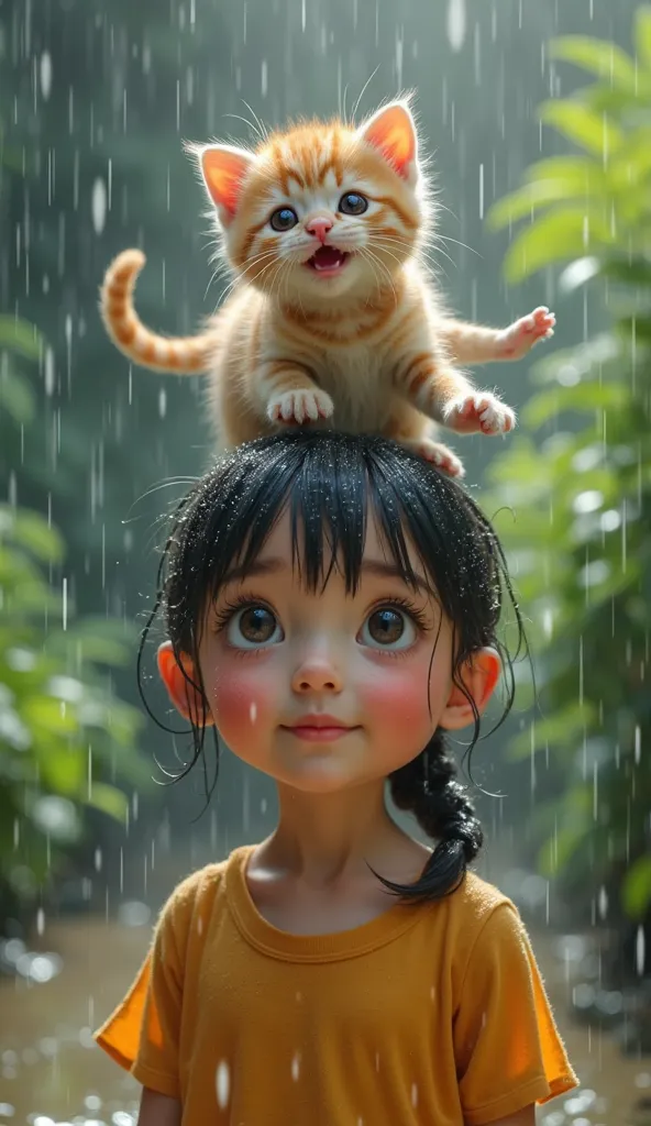 8k photography, front side full image, one kitty on the head of baby girl kitty on the head dancing in rain 