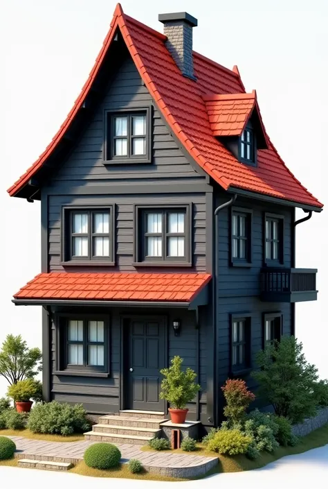 Create an independent home. Sloping roof in red tiles. Upper part of the house in black color and gray window frames. Lower and middle part of the house in gray with frame black windows and frame black doors.