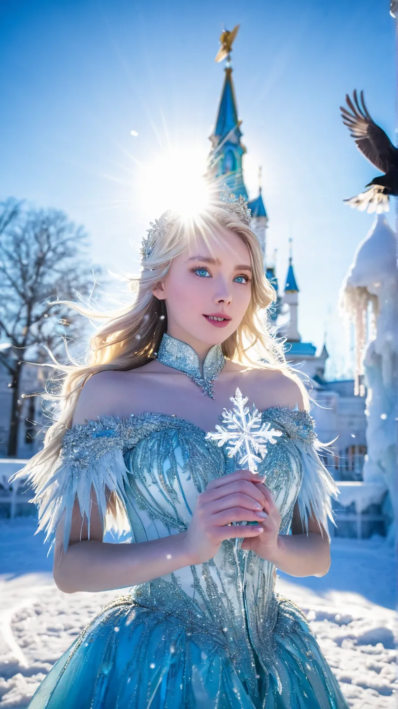 Ice Land、Icy Sun、Ice Light 、The fountain is frozen、Ice birds、 Snowflakes、 auroras、Dutch Angle、glitter effect, lens flare, background blur, gradation、 Fantastic、1 girl,  Snow Queen、palace、 blue eyes, shortcut from elbow to hand,  Gold、Accessory, Wide angleシ...