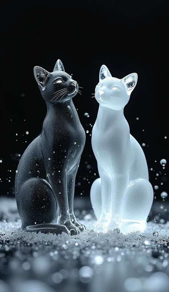 A 8K close-up image of two beautiful cats - one black and one white cut out of a block of transparent ice on a black background. The cats are in the style of minimalism, with elegant lines, drops, and strokes. The image is a wonderful masterpiece created w...