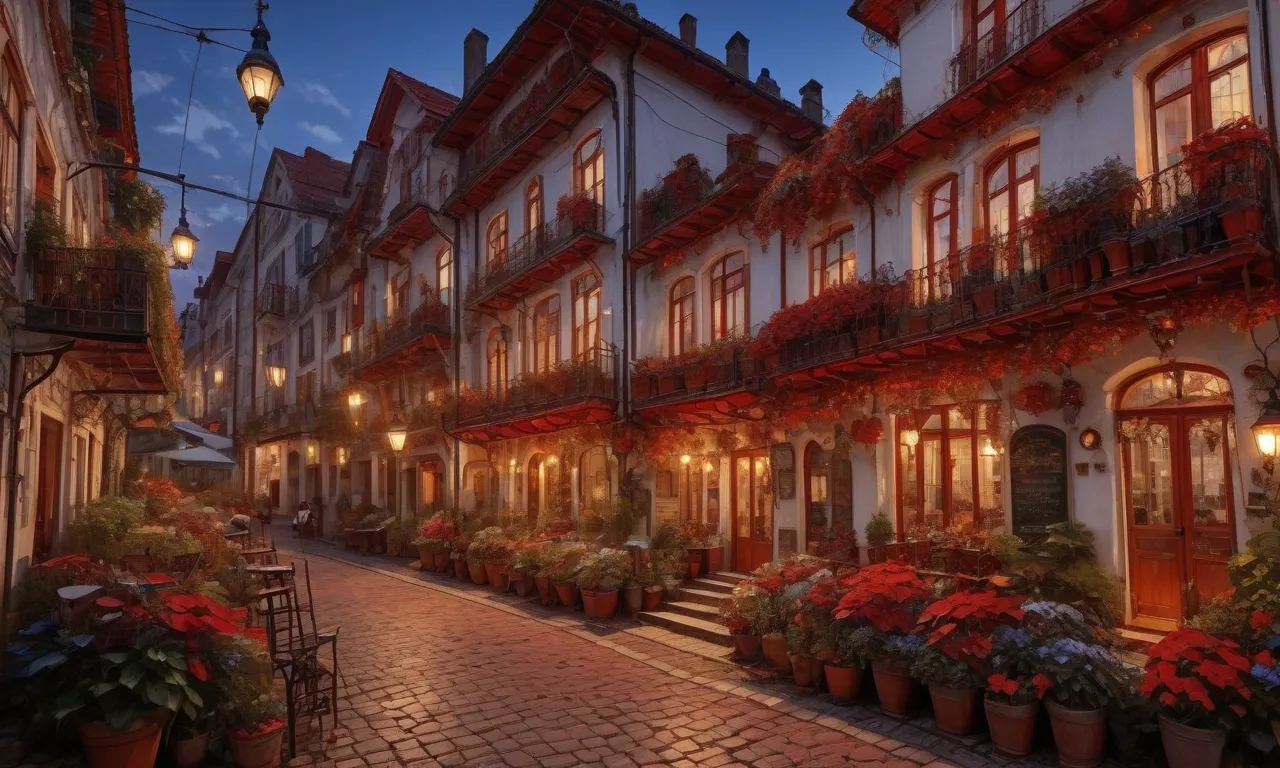 High angle shot, 
Night, expansive starry sky, European back street, white walled house, red roofed house, lived-in feel, people sitting on front porch, seasonal flowers in flowerpots, old street lamp, handwritten sign, cobbled alley, nostalgic, lamp light...