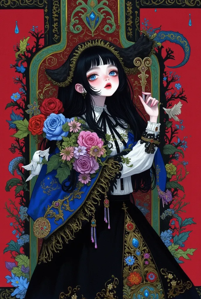 1 girl,  art nouveau , black skirt,   with dark hair,   Black Rose  , Blood,  blue eyes,  blue rose  , flower bouquet, Tea Flower , fork, skirt, flower,  Wore jewels, lips, lipstick, long hair,    is looking for an audience , 