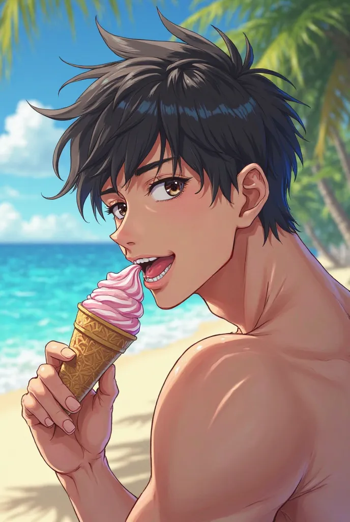 Anime hot guy in the beach licking ice cream