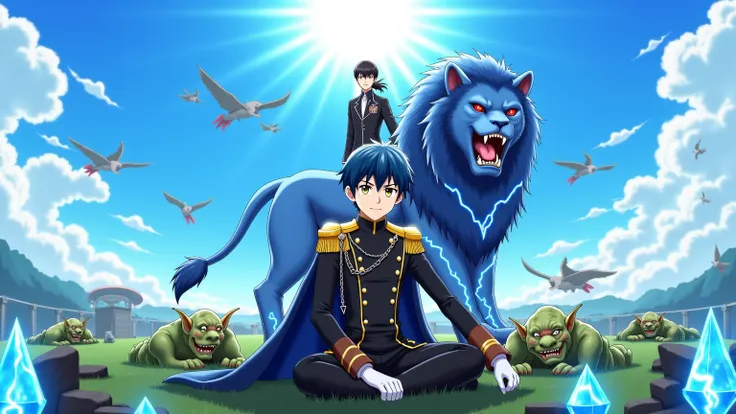 An epic anime fantasy image in the isekai style. In the center is the protagonist - a young man with dark blue hair and golden eyes, dressed in an elegant black military uniform with gold buttons, white gloves and decorative chains. He is sitting on a batt...