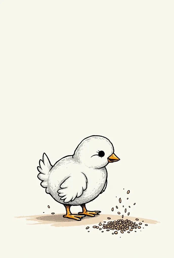 Draw chicks. Write 5 numbers 1 4 2 6 3 on the chick. Let the chick be hairless. Let the chick color be white. Let the chick have a little open mouth. Have a feed of the size that can be counted 20 on the ground. 