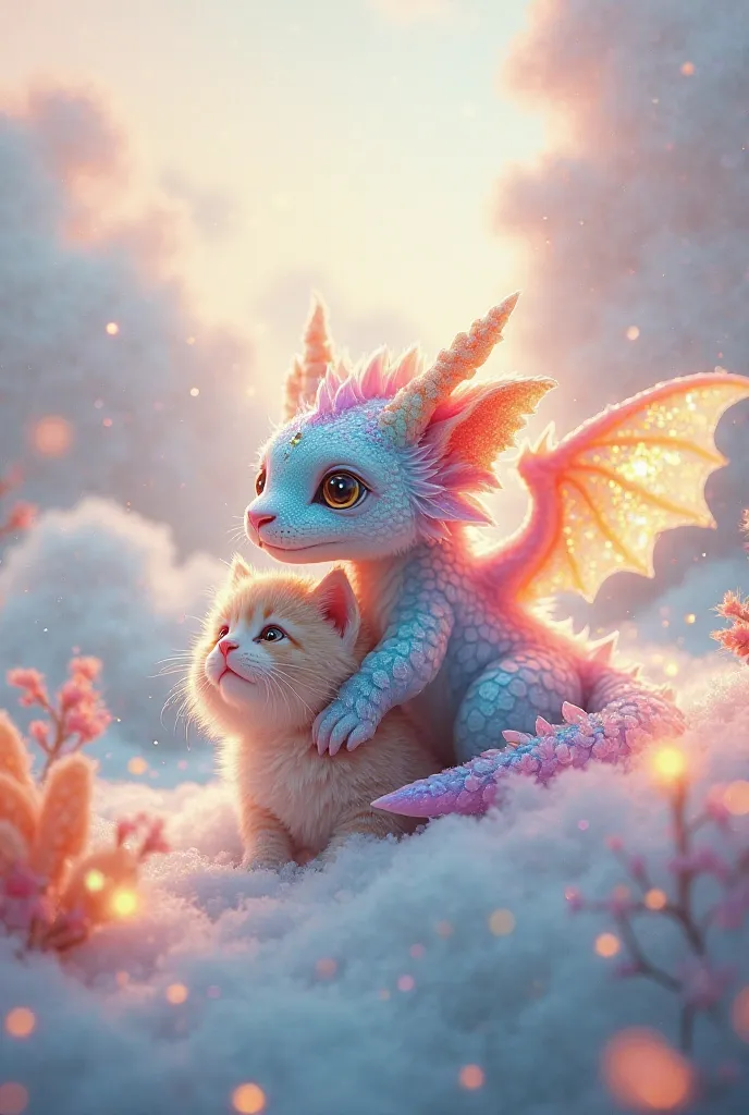 A small rainbow dragon carries a cat