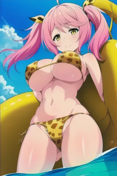 フィルフィ・アイングラム,( Masterpiece),( top quality),2D, anime, Anime art, line art , watercolor,loli, (1 girl:1.6),( yellow eyes) , ( pink hair), (mega breasts:1.8),(saggy breasts:1.4),(hanging breasts:1.4),(twin tails), (shy smile), blush,swim suit,(yellow giraffe...