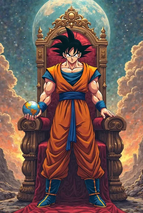 Goku is standing on a Kings chair. A words globe on his hand. The background have to be the destruction of planet. It have to foul 2D and anime style. It have to very nice quality manga style photo full