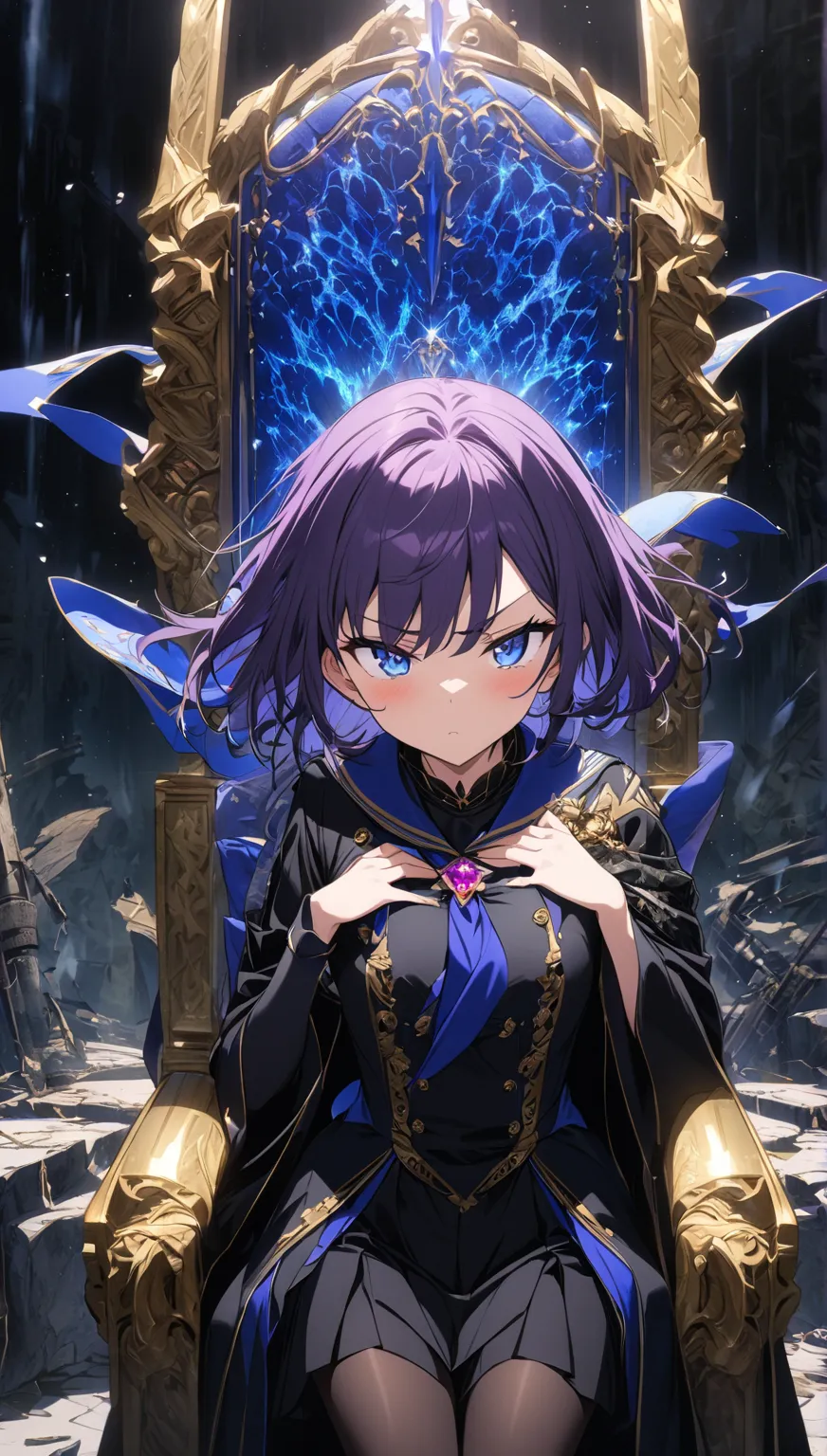 Highest quality,  super fine, 16k, very detailed, cute girl,  Cold-Hearted Expression, purple bob hair, wind, wind-effect, Shining Ultramarine Blue Eyes,  black school uniform,  purple tie、wonderfully mysterious, Mr.々visual styles that combine artistic ele...